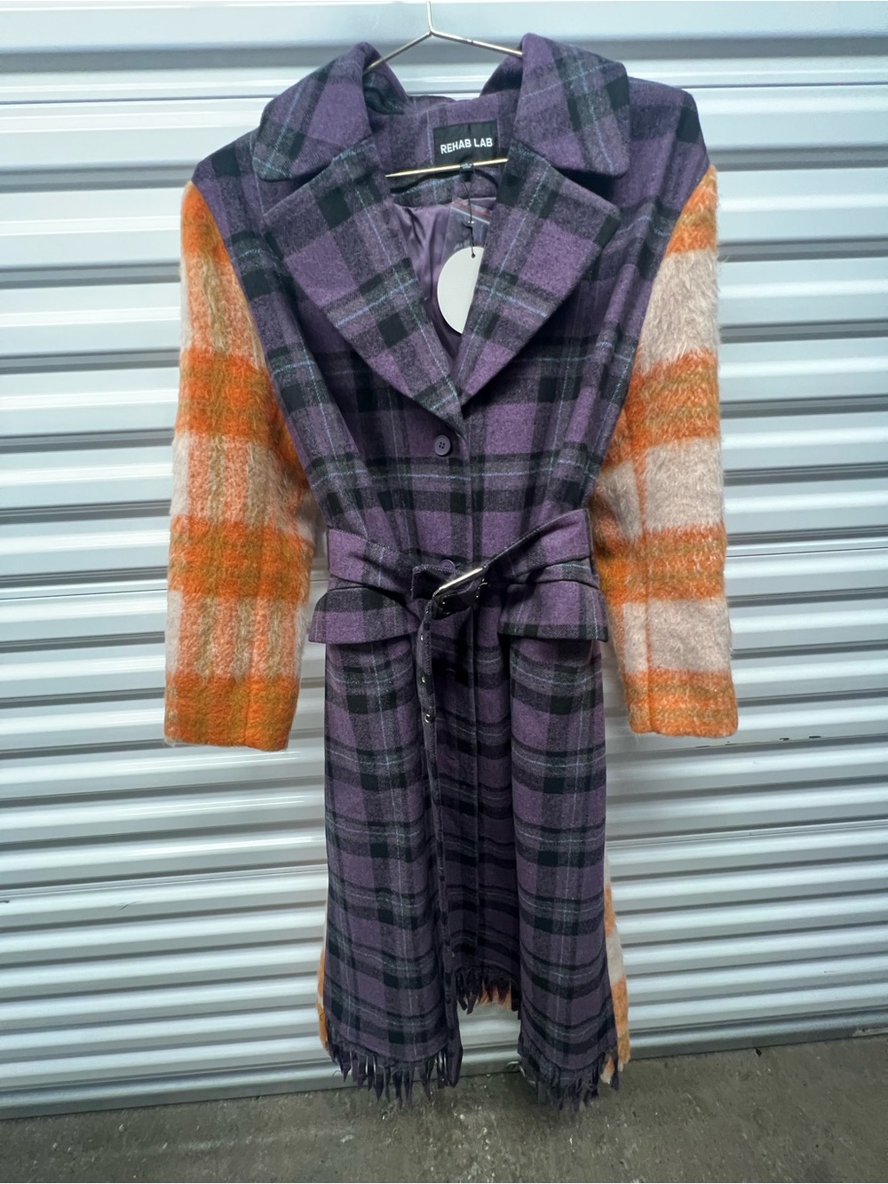 Rehab Purple Plaid Trench with Orange Accent Sleeves